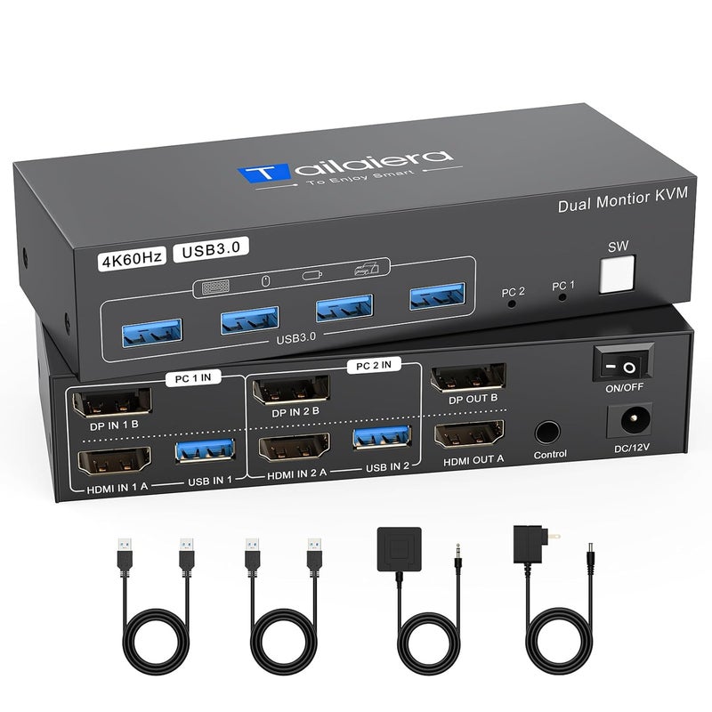 CCONG 4K Kvm Switch 2 Monitors 2 Computers 4K@60Hz HDMI Displayport Dual Monitor KVM Switches 2 Ports for 2 PC Share Mouse Keyboard and 2 Screens with USB 3.0 Cables and Extended Controller - Image 1